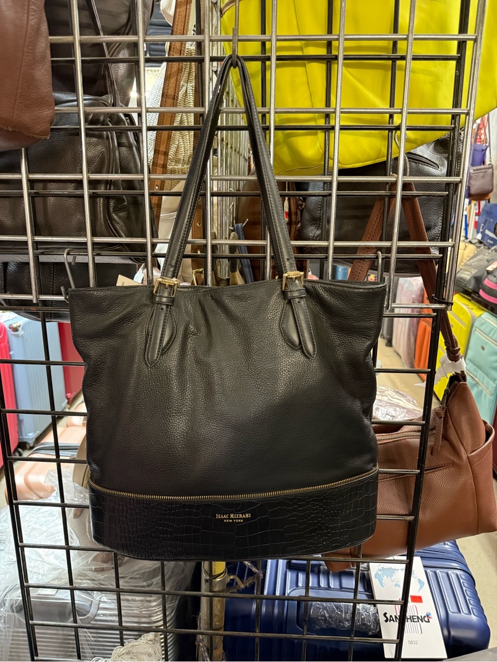Vintage Isaac Mizrahi Black Leather Tote with Croc-Embossed Trim